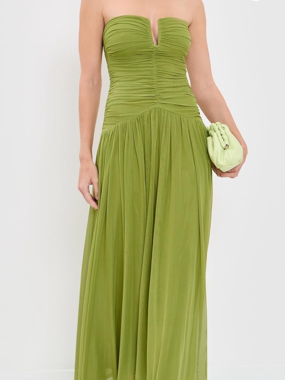 Strapless NIA Beverly Green Ruched Maxi Dress